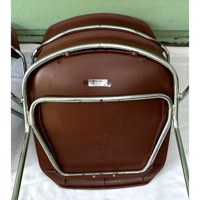 1970s Mid-Century Chrome Stacker Chairs – Pair, Stackable Office or Dining Seating, Sculptural Brown Seats For Sale - Image 10 of 11