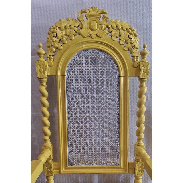 Early 20th Century Antique Victorian Renaissance Revival Carved Wood Cane Armchair in Yellow For Sale - Image 5 of 10