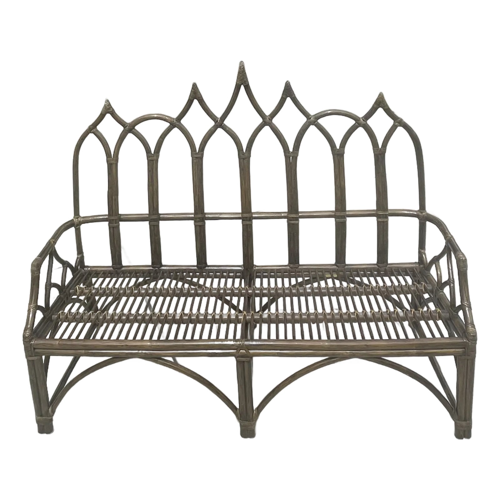 Authentic McGuire Vintage Rattan Bench, Cathedral Gothic Style | Chairish