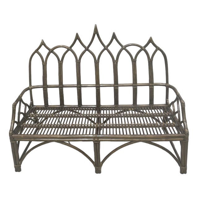 Authentic McGuire Vintage Rattan Bench, Cathedral Gothic Style For Sale
