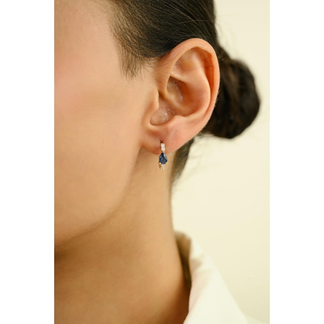 14k Gold Vibrant Sapphire & Diamond Chic Huggie Hoop Earrings- A Pair For Sale - Image 4 of 12