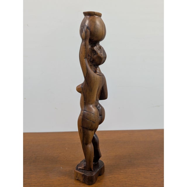 African Vintage African Wood Carving: Woman Balancing Water Jug For Sale - Image 3 of 5