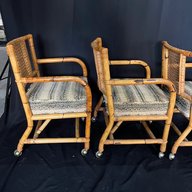 Wood Ficks Reed Style 1950s Mid Century Rattan Dining Table and Four Caned Chairs -Set of 5 For Sale - Image 7 of 12