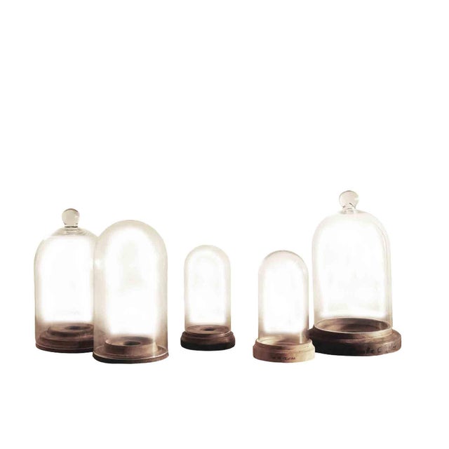 French Handblown Glass Bell Jar Display with Wooden Stand Marking Arc De Triomphe, Paris, Set of 5 For Sale - Image 10 of 10