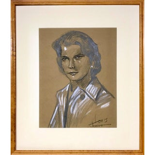 Vintage Mid Century Female Charcoal Portrait Drawing For Sale