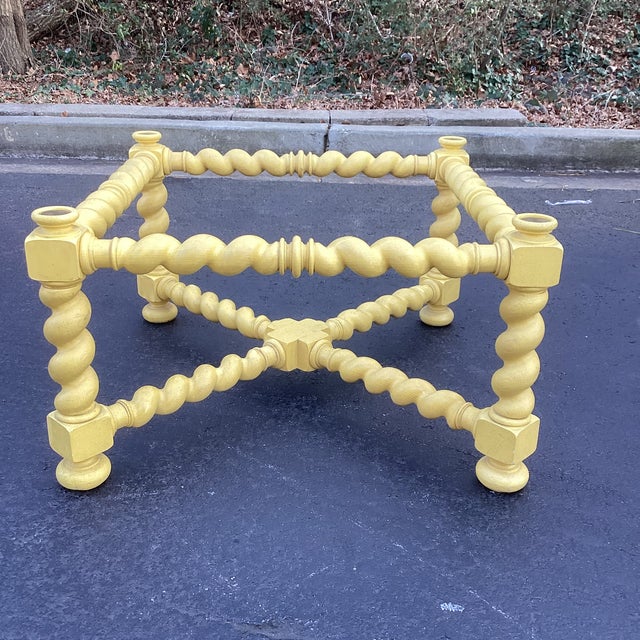 Yellow Vintage Baker Furniture Scalloped Golden Yellow Coffee Table With Brass and Glass Top – 44“ For Sale - Image 8 of 11