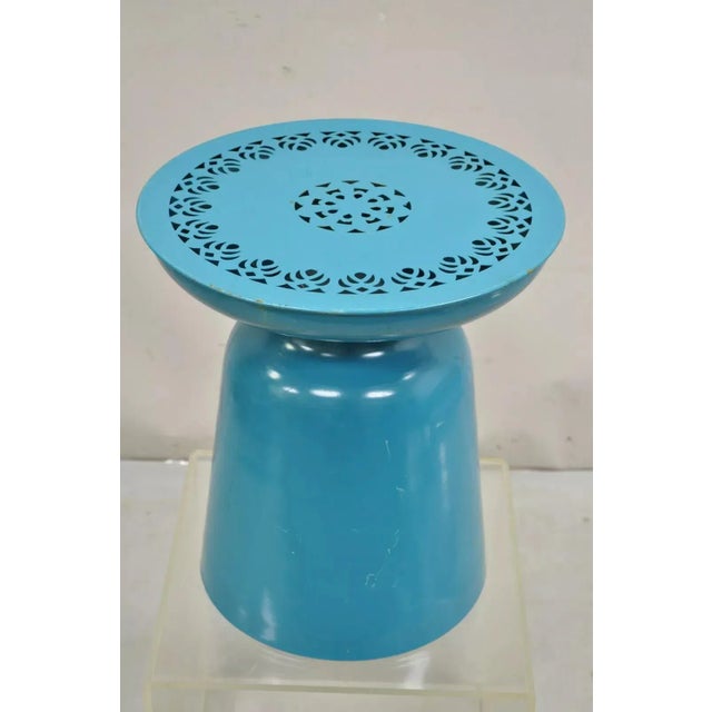 Modern Turquoise Blue Perforated Metal Garden Stool For Sale In Philadelphia - Image 6 of 10