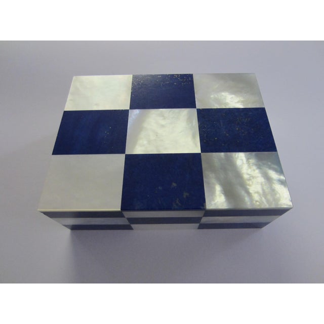 Metal Lapis Lazuli Intarsia Mother of Pearl Vintage Jewelry Box For Sale - Image 7 of 14