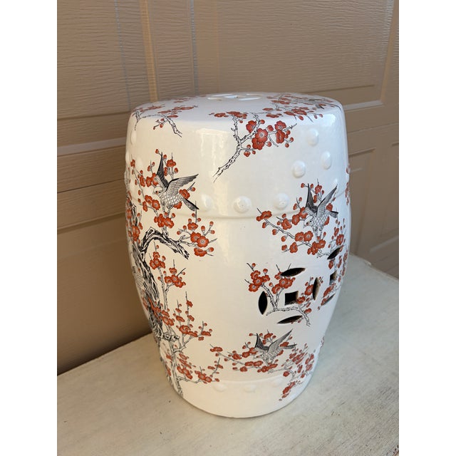 Late 20th Century Late 20th Century Chinoiserie Cherry Blossom Orange and Black Porcelain Garden Stool or Side Table For Sale - Image 5 of 8