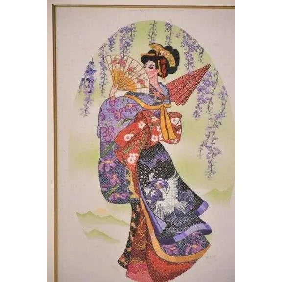 Framed Oriental style embroidered artwork - 17.75x24.75 Vintage embroidered artwork of an oriental styled woman.