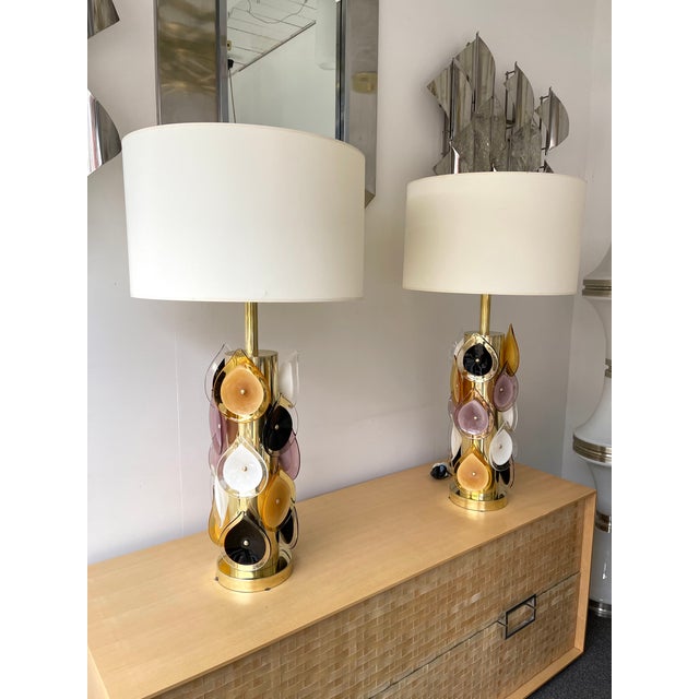 Wood Contemporary Brass Murano Glass Flame Lamps, Italy - a Pair EU Wired For Sale - Image 7 of 13