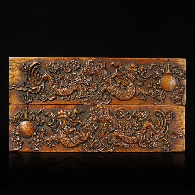 Carved Rosewood Double Dragon & Flaming Pearl Paperweights / Decorative Panels - A Pair For Sale - Image 4 of 9