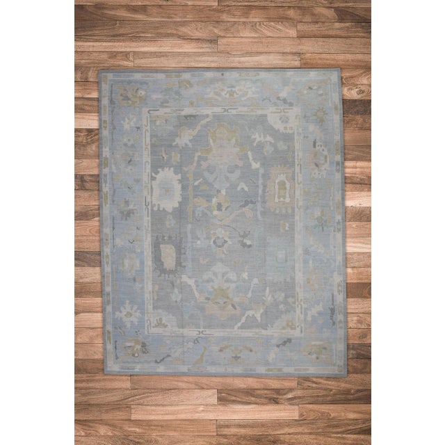 Textile Early 21st Century Blue Floral Design Handwoven Wool Turkish Oushak Rug 12'1" X 15'6" For Sale - Image 7 of 8