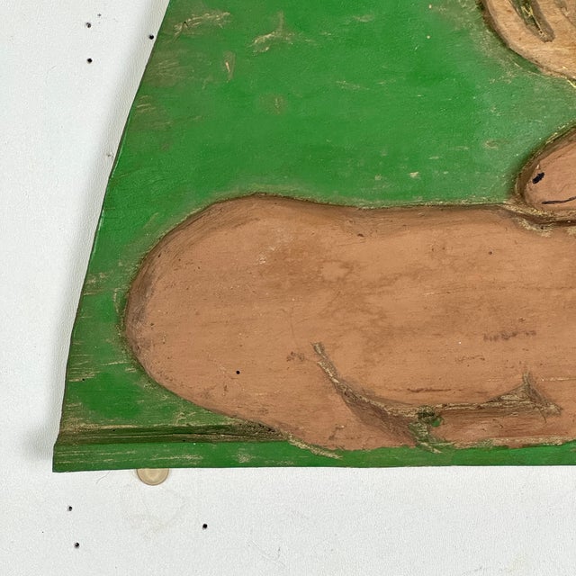Early 20th Century Early 20th C. Primitive Folk Art Hand Carved Resting Stag in an Avocado Green Plaque For Sale - Image 5 of 9