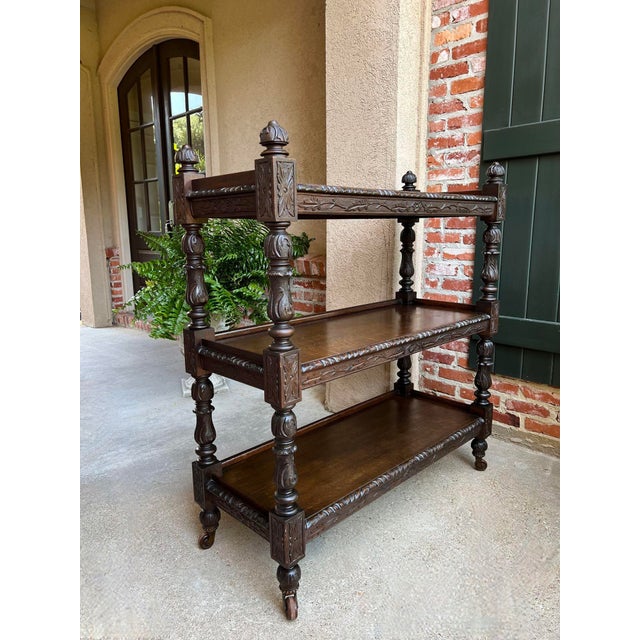 Antique English Hotel Dumbwaiter Server Sideboard Trolley Carved Oak Renaissance. Direct from England, a fabulous and...