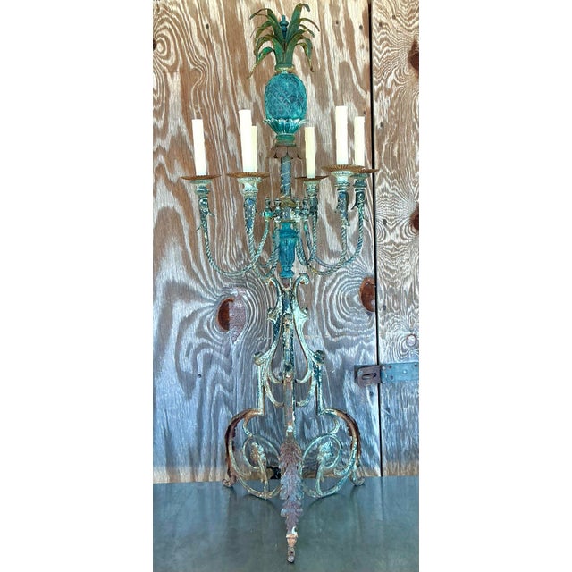 Coastal Vintage Coastal Wrought Iron Verdigris Pineapple Lamp For Sale - Image 3 of 4