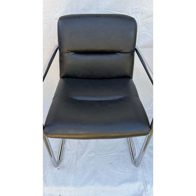 1970s Set of 4 Vintage Modern Cantilever Chrome Armchairs in Black Leather, 1970s. Vegan Leather For Sale - Image 5 of 5