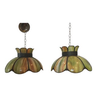 Vintage Slag Stained Glass Pendant Chandeliers - a Pair For Sale