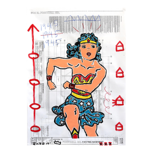 Charging Wonder Woman - Original Large Figurative Pop Art Painting by Gary John