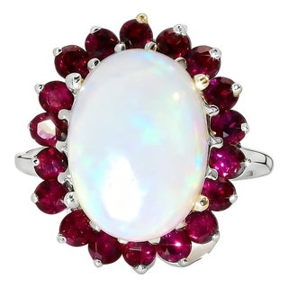 Late 20th Century 14K White Gold Huge Opal Rhodolite Garnet Filigree Ring, Size 7 For Sale