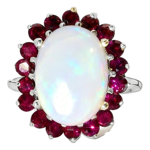 Late 20th Century 14K White Gold Huge Opal Rhodolite Garnet Filigree Ring, Size 7 For Sale