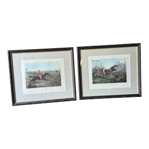 Vintage English Traditional Hunt Scene Prints, Framed - Set of 2