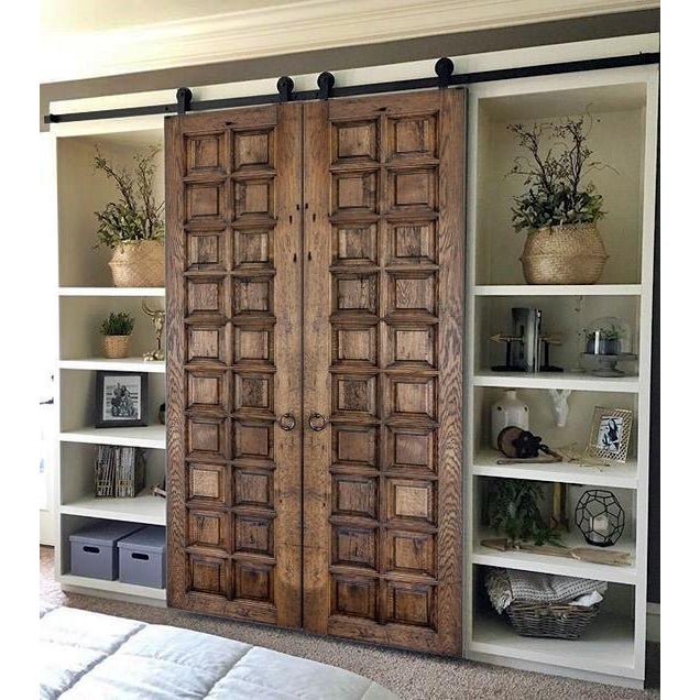 Brown Spanish Revival Reclaimed Wood Door – Raised Panel Grid Design For Sale - Image 8 of 10