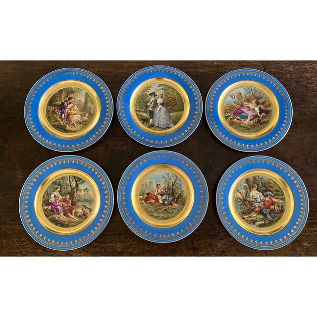 An extraordinary and pristine set of six (6) large-format, antique late 19th to early 20th-century Royal Vienna style...
