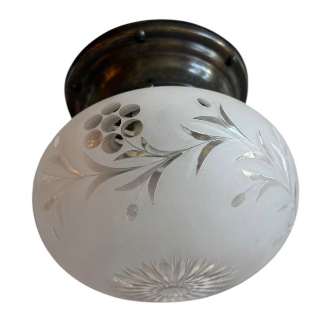 Farmhouse Circa 1920’s Rare Pair of Wheelcut Flowers and Vines Glass Ceiling Lights For Sale - Image 3 of 9