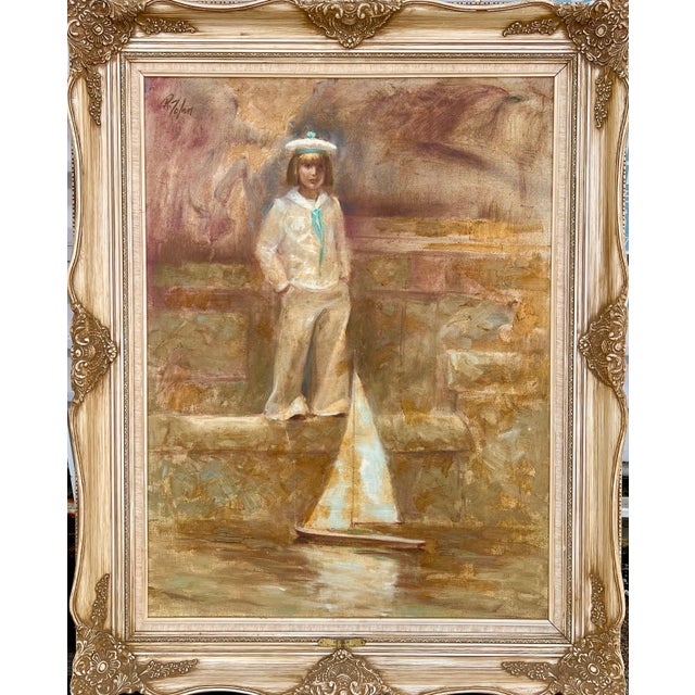 Richard Judson Zolan, Large American Impressionist Painting Sailor Girl with Toy Boat Richard Zolan For Sale - Image 15 of 16