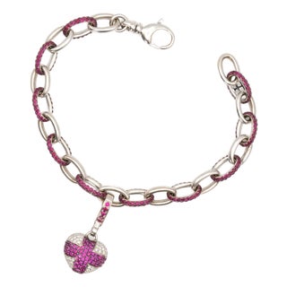 Theo Fennell 18k White Gold Ruby & Diamond Heart Charm Bracelet For Sale