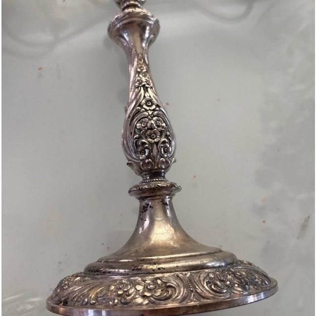 Silver Vintage Heritage Rogers Bros Ornate Silverplate 3-Arm Candelabra Pair For Sale - Image 8 of 11