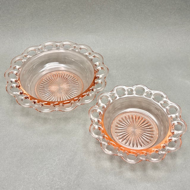 Glass Vintage Pink Anchor Hocking “Old Colony” Lace Edge 3 Piece Serving Set For Sale - Image 7 of 12