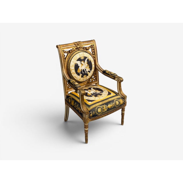 Louis Xvi, French Arm Chair, Versace Fabric, Giltwood, France, 1960s For Sale - Image 11 of 17