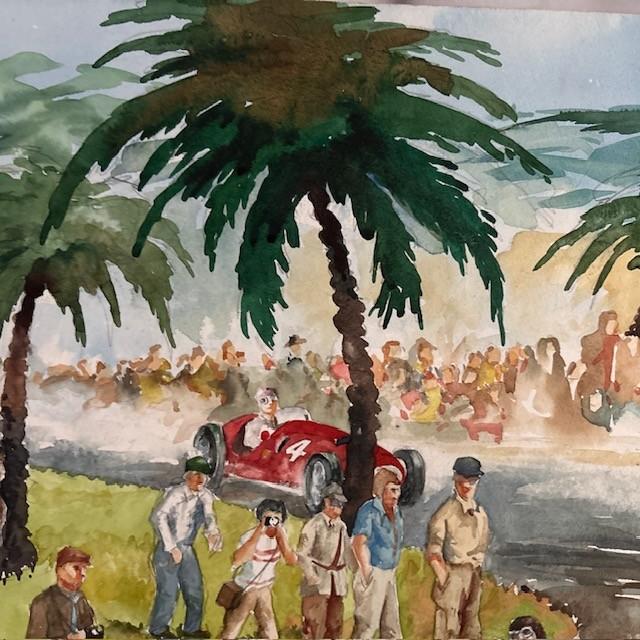 Pena-Rhin Grand Prix Auto Race Barcelona 1950 Watercolor Painting, Leonard Williams For Sale - Image 4 of 7