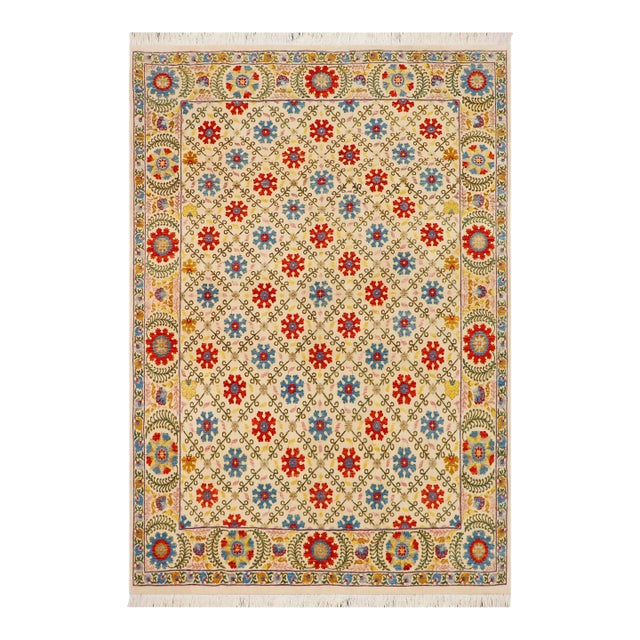 Bohemien Ziegler Beige Blue Hand-Knotted Wool Rug - 9'6'' X 12'5'' For Sale