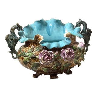 Antique French Barbotine Majolica Rose Basket Centerpiece Planter For Sale
