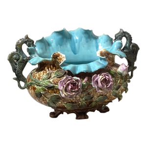 Antique French Barbotine Majolica Rose Basket Centerpiece Planter