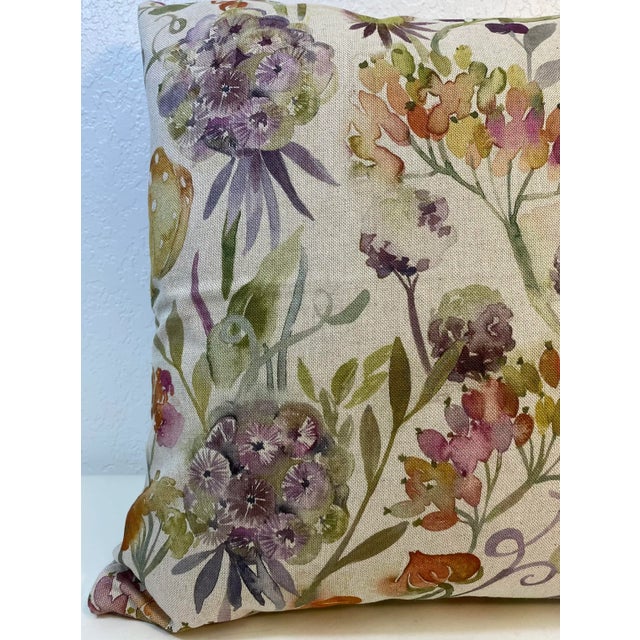 2010s 20” Square Pillow With a Purple and Orange Watercolor-Like Floral Print - Made in U K For Sale - Image 5 of 12
