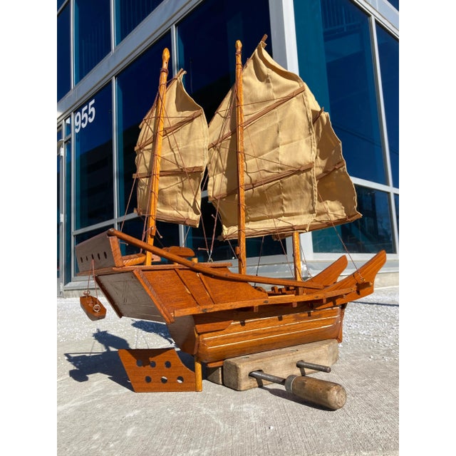 Asian Antique Scale Model of Chinese Junk Ship in Solid Teak Handcrafted in Hong Kong For Sale - Image 3 of 13