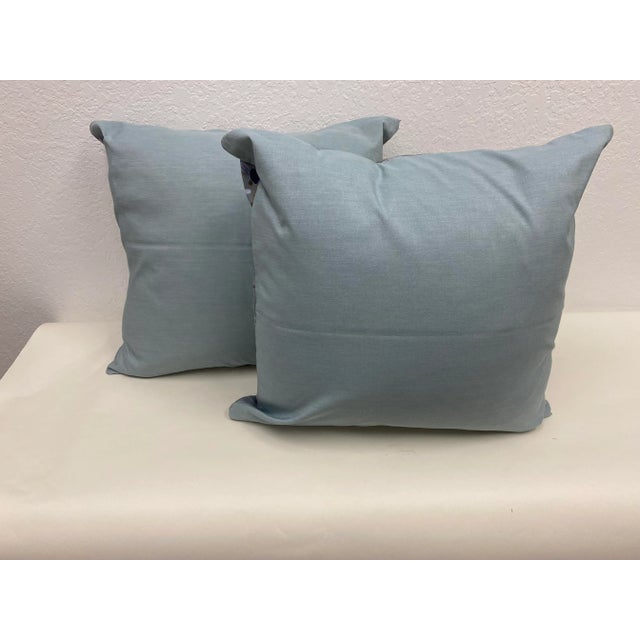 Textile Pair of 20" Square Pillows With Delicate Bird & Violet Floral Pattern on a Periwinkle Blue Background - Made in Uk. For Sale - Image 7 of 9