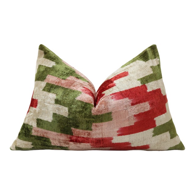 Hand-Knotted Silk Velvet Ikat Lumbar Pillow - 16x24 Ruby & Moss Green For Sale