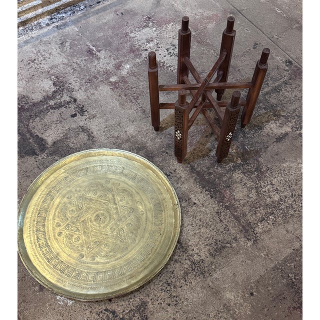 Brass Antique Hand-Etched Brass Tray With Hand-Carved Walnut Wood Base and Mother-of-Pearl Inlay For Sale - Image 8 of 10