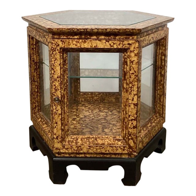 Vintage 1970s Hollywood Regency Hexagonal Faux Tortoiseshell Vitrine Cabinet For Sale