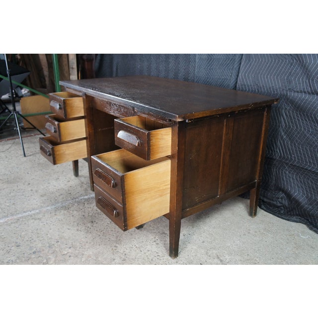 Antique Oak Executive School Teachers Office Library Writing Desk 54" For Sale - Image 9 of 15