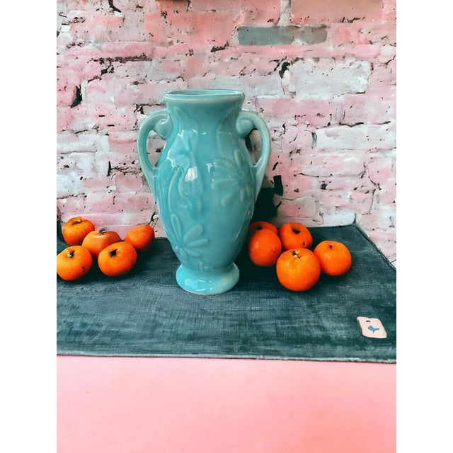 Mid-Century Modern Vintage Mid-Century Turquoise Aqua Blue Floral Vase Shawnee Pottery For Sale - Image 3 of 10