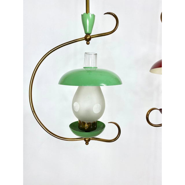 1950s Green & Red Metal & Brass Pendant Light, Italy, 1950s, Set of 2 For Sale - Image 5 of 10