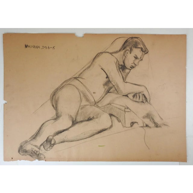 Mid-Century Modern Vintage 1950s Charles Normann Reclining Male Charcoal Drawing For Sale - Image 3 of 3