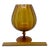 Vintage amber optic glass balloon vase featuring vertical ribbing, a scalloped rim, a short twisted stem, and a round...