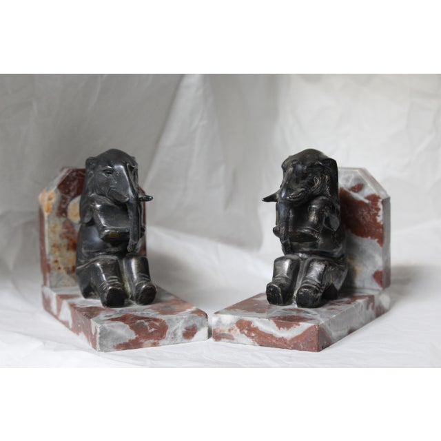 Animal bookends Elephant Art Deco Office desk Library bookshelf Book holder Bronze, marble base. Dimensions: One bookend...